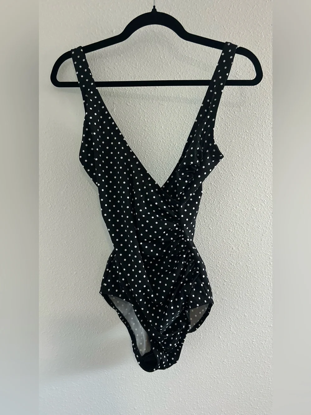 Black Polka Dot One-Piece Swimsuit with V-Neck